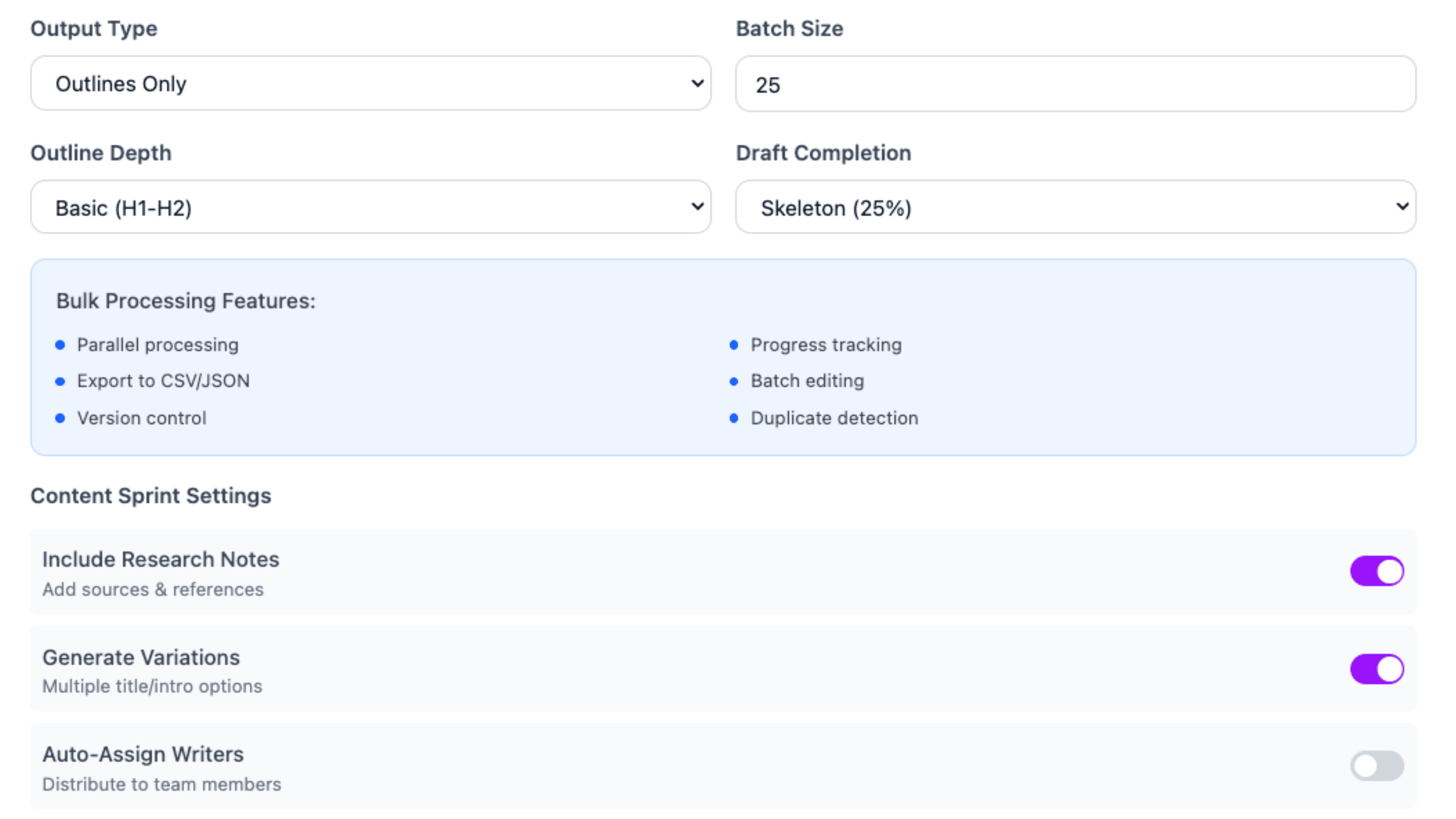 Bulk generate outlines and drafts for dozens of posts